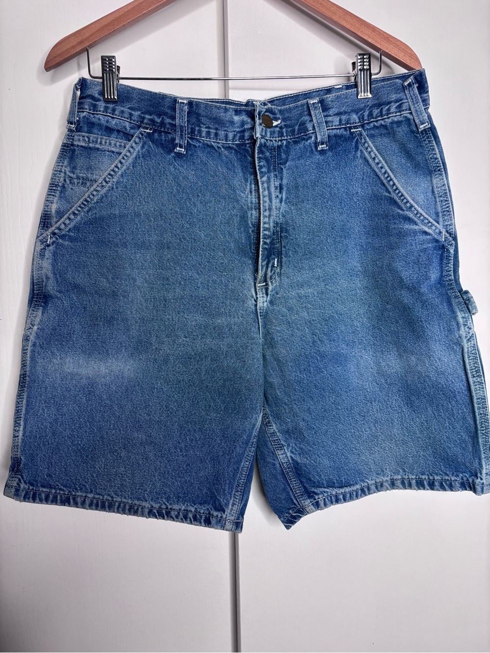 Carhartt Blue Denim Utility Cargo Worker Jean Shorts Vintage Workwear Men's